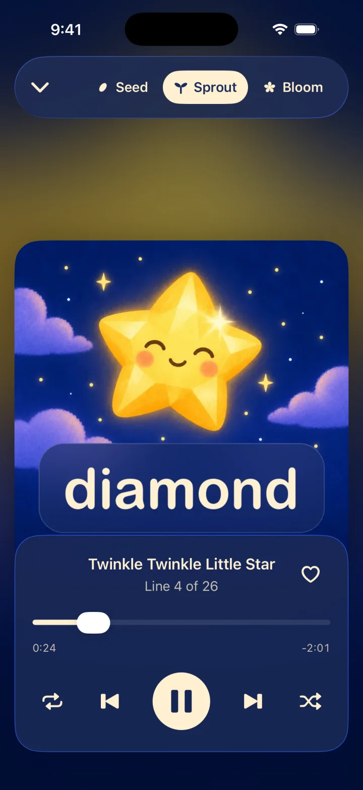 The Hummingword player showing a smiling star with the word "diamond", the Seed, Sprout and Bloom levels, and playback controls